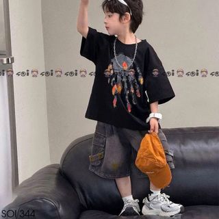 Set áo cotton đen mix quần Jean đen túi hộp cho bé trai Soikid344
