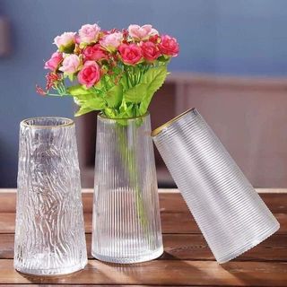 BÌNH CẮM HOA THUỶ TINH 22cm VÂN NỔI VIỀN VÀNG (T30)