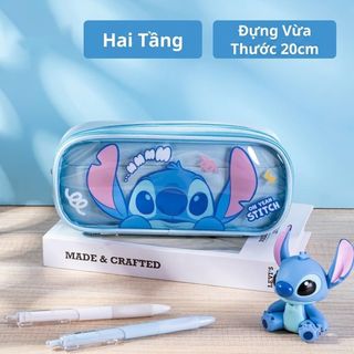 Hộp Bút Disney Stitch Hai Tầng Màu Xanh Cao Cấp - Bóp Đựng Bút A83150-W2 Trong Suốt Đựng Vừa Thước 20cm