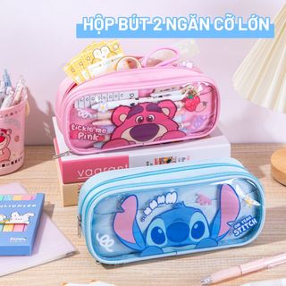 Hộp Bút Disney Stitch Hai Tầng Màu Xanh Cao Cấp - Bóp Đựng Bút A83150-W2 Trong Suốt Đựng Vừa Thước 20cm