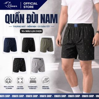 Quần đùi cotton in VINAFA họa tiết , quần đùi nam mặc nhà thấm hút tốt cho nam QD19