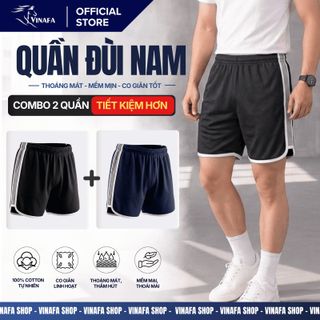 Quần đùi lưới nam VINAFA mặc nhà form thoải mái, Quần đùi cotton trơn mặc ngủ QĐ12