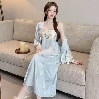 Set Váy Ngủ Lụa Hai Dây Kiểu Trung Quốc Tỷ Tỷ