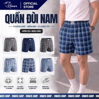 Quần đùi nam có túi mặc nhà VINAFA, quần đùi nam mặc nhà chất liệu Kate kẻ dệt mềm mại QD25