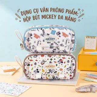 Hộp Bút Disney Mickey Màu Xanh Họa Tiết Comic - Bóp Đựng Bút Học Sinh Nhiều Ngăn Có Quai Cầm Tiện Lợi