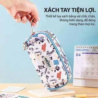 Hộp Bút Disney Mickey Màu Xanh Họa Tiết Comic - Bóp Đựng Bút Học Sinh Nhiều Ngăn Có Quai Cầm Tiện Lợi