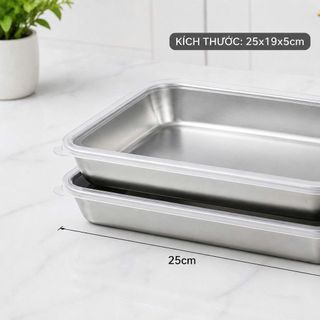 KHAY INOX ĐỰNG THỰC PHẨM CÓ NẮP LOẠI LỚN ĐẠI 25x19x5cm (T150)