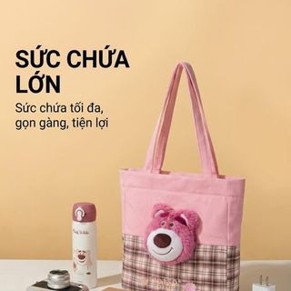 Túi xách thời trang Disney Gấu Lotso B22209-T3 Túi Tote Vải Canvas Phối Sọc Caro Đựng Đồ Đa Năng Cho Nữ