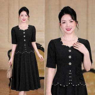 Đầm liền giả vest, dáng ngắn dạ hội trung niên chất thun mịn sa co giãn cực tốt cho mẹ dự tiệc sang trọng bigsize 75KG M368