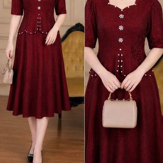 Đầm liền giả vest, dáng ngắn dạ hội trung niên chất thun mịn sa co giãn cực tốt cho mẹ dự tiệc sang trọng bigsize 75KG M368