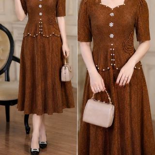 Đầm liền giả vest, dáng ngắn dạ hội trung niên chất thun mịn sa co giãn cực tốt cho mẹ dự tiệc sang trọng bigsize 75KG M368