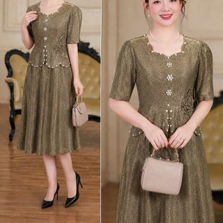 Đầm liền giả vest, dáng ngắn dạ hội trung niên chất thun mịn sa co giãn cực tốt cho mẹ dự tiệc sang trọng bigsize 75KG M368