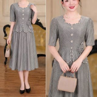 Đầm liền giả vest, dáng ngắn dạ hội trung niên chất thun mịn sa co giãn cực tốt cho mẹ dự tiệc sang trọng bigsize 75KG M368
