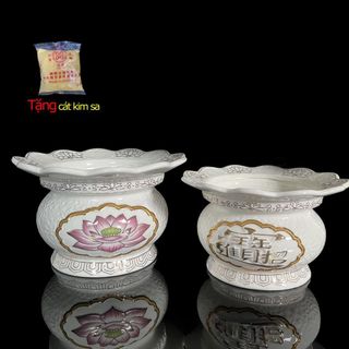 Bộ Thờ Cúng Lư Hứng Tàn Nhang 1618 Họa Tiết Hoa Sen Tím Phối Chữ Bằng Sứ Cao Cấp - Phật Giáo Tường Thuận