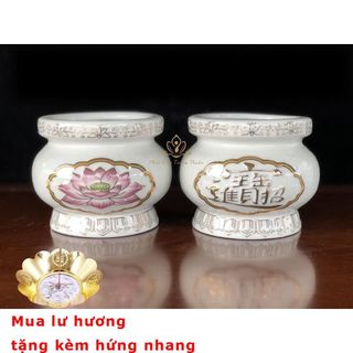 Bộ Thờ Cúng Lư 1618 Họa Tiết Hoa Sen Tím bằng Chữ Bằng Sứ Cao Cấp - Phật Giáo Tường Thuận