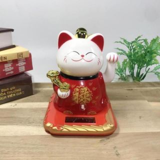 Mèo Thần Tài mặc áo đỏ vẫy khách chạy bằng năng lượng mặt trời cao 10cm
