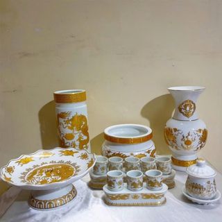 Lư hương sứ trắng hoa văn rồng vàng cao cấp cao 12cm đường kính 15,5cm nặng 1,4 kg