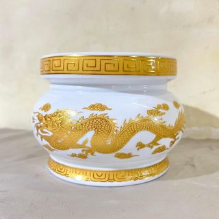 Lư hương sứ trắng hoa văn rồng vàng cao cấp cao 12cm đường kính 15,5cm nặng 1,4 kg