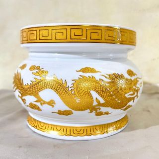 Lư hương sứ trắng hoa văn rồng vàng cao cấp cao 12cm đường kính 15,5cm nặng 1,4 kg