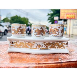 Chum nước, áng nước thờ sứ trắng hình rồng cao cấp 2 loại: bộ 3 ly cong và bộ 5 ly cong