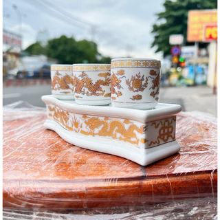 Chum nước, áng nước thờ sứ trắng hình rồng cao cấp 2 loại: bộ 3 ly cong và bộ 5 ly cong