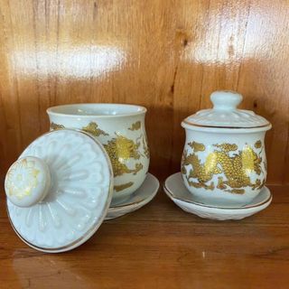 Hũ đựng gạo muối thờ cúng bằng sứ trắng rồng  2 cỡ cao: 7.5cm và 9cm