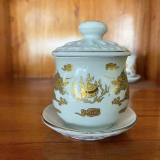 Hũ đựng gạo muối thờ cúng bằng sứ trắng rồng  2 cỡ cao: 7.5cm và 9cm