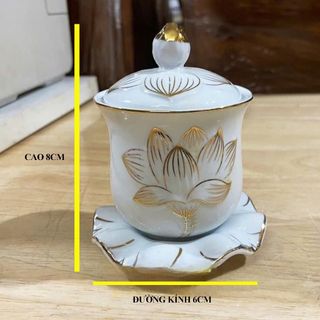 Chung nước thờ cao cấp hình hoa sen nổi có nắp 3 cỡ cao: 8cm, 11cm, 13cm ( bạch ngọc ) ảnh thật shop tự chụp