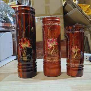 Ống nhang gỗ tràm bông vàng cẩn hoa sen 3 cỡ: cao 23cm, 26cm, 30cm