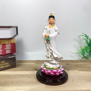 Tượng Quan Thế Âm Bồ Tát đứng cao 13cm ngang 5cm sơn nhũ vàng chất liệu bột đá nhựa poly cao cấp vẽ áo trắng tỉ mỉ