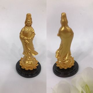 Tượng Quan Thế Âm Bồ Tát đứng cao 13cm ngang 5cm sơn nhũ vàng chất liệu bột đá nhựa poly cao cấp vẽ áo trắng tỉ mỉ