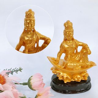 Tượng Ngài Quan Thế Âm Bồ Tát Ngồi Thuyền Cao 10cm Sơn Nhũ Vàng Chất Liệu Bột Đá Nhựa Poly Cao Cấp Kích Thước 10cmx6cm Sơn Màu Tỉ Mỉ