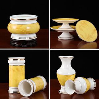 Bộ lư hương bình hoa dĩa trái cây án li nước trắng vàng trơn sang trọng tinh tế cho phòng khách