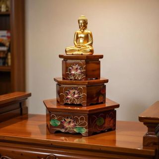Đôn gỗ kê tượng phật, kệ gỗ để tượng đẹp hình lục giác uy nghiêm họa tiết hoa sen ( Nhiều kích cỡ )