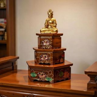 Đôn gỗ kê tượng phật, kệ gỗ để tượng đẹp hình lục giác uy nghiêm họa tiết hoa sen ( Nhiều kích cỡ )