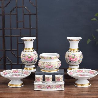 Bộ lư hương bình hoa dĩa trái cây án li nước họa tiết hoa sen hồng sang trọng tinh tế