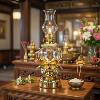 Đèn dầu cát tường hoa sen cánh vàng cao 27cm