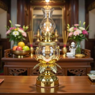 Đèn dầu cát tường hoa sen cánh vàng cao 27cm