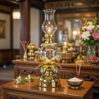 Đèn dầu cát tường hoa sen cánh vàng cao 27cm
