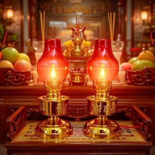 Cặp Đèn dầu đỏ cắm điện bóng cà na cao 20cm chất liệu thủy tinh bền đẹp ánh sáng dịu nhẹ phù hợp trang trí thờ cúng