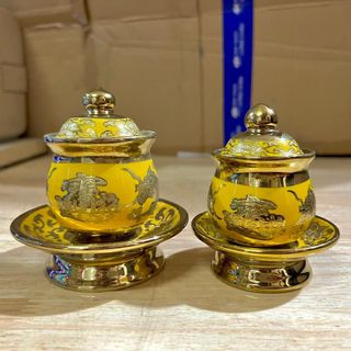 Hũ đựng gạo muối thờ cúng bằng sứ 3D vàng 2 cỡ: cao 7cm, 8cm và 12cm