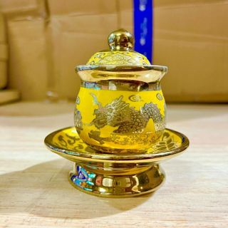 Hũ đựng gạo muối thờ cúng bằng sứ 3D vàng 2 cỡ: cao 7cm, 8cm và 12cm