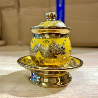 Hũ đựng gạo muối thờ cúng bằng sứ 3D vàng 2 cỡ: cao 7cm, 8cm và 12cm