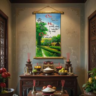 Tranh chữ thư pháp Cha Mẹ Con trang trí tại gia đình, văn phòng