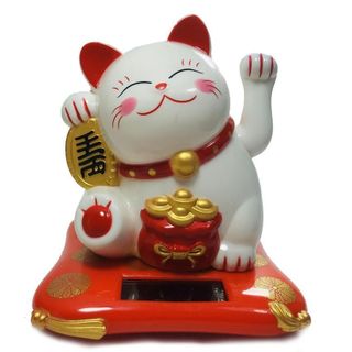 Mèo Thần Tài đeo túi vàng vẫy khách chạy bằng năng lượng mặt trời cao 16cm