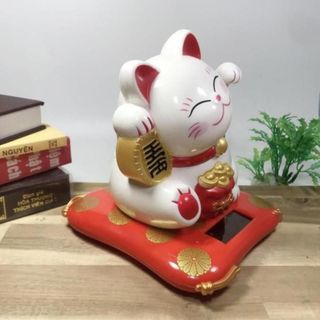 Mèo Thần Tài đeo túi vàng vẫy khách chạy bằng năng lượng mặt trời cao 16cm