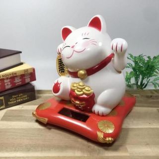 Mèo Thần Tài đeo túi vàng vẫy khách chạy bằng năng lượng mặt trời cao 16cm
