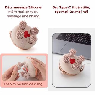 Máy Massage Da Đầu Cầm Tay 4 Đầu Silicone Mềm – Chống Nước – Sạc Type-C – Thư Giãn Toàn Diện