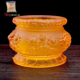 Bộ Thờ Cúng Bình Lư Dĩa Chun Màu Vàng Thủy Tinh Lưu Ly Cao Cấp Phật Giáo Tường Thuận Chất Liệu Thủy Tinh Họa Tiết Hoa Sen Vàng Nổi Siêu Đẹp Sang Trọng Kích Thước Đa Dạng