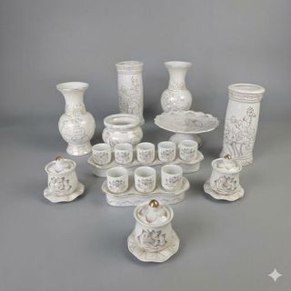 Bộ Thờ Cúng Lư Hương, Đĩa Trái Cây, Bình Hoa, Áng 5, Áng 3 Bạch Ngọc Sen Trắng